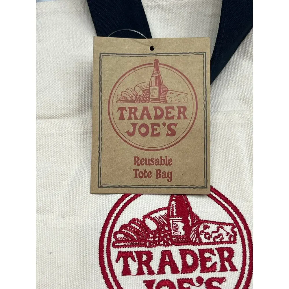 Trader Joe's Large Cotton Canvas Tote Navy Reusable Market Bag Pockets NWT
